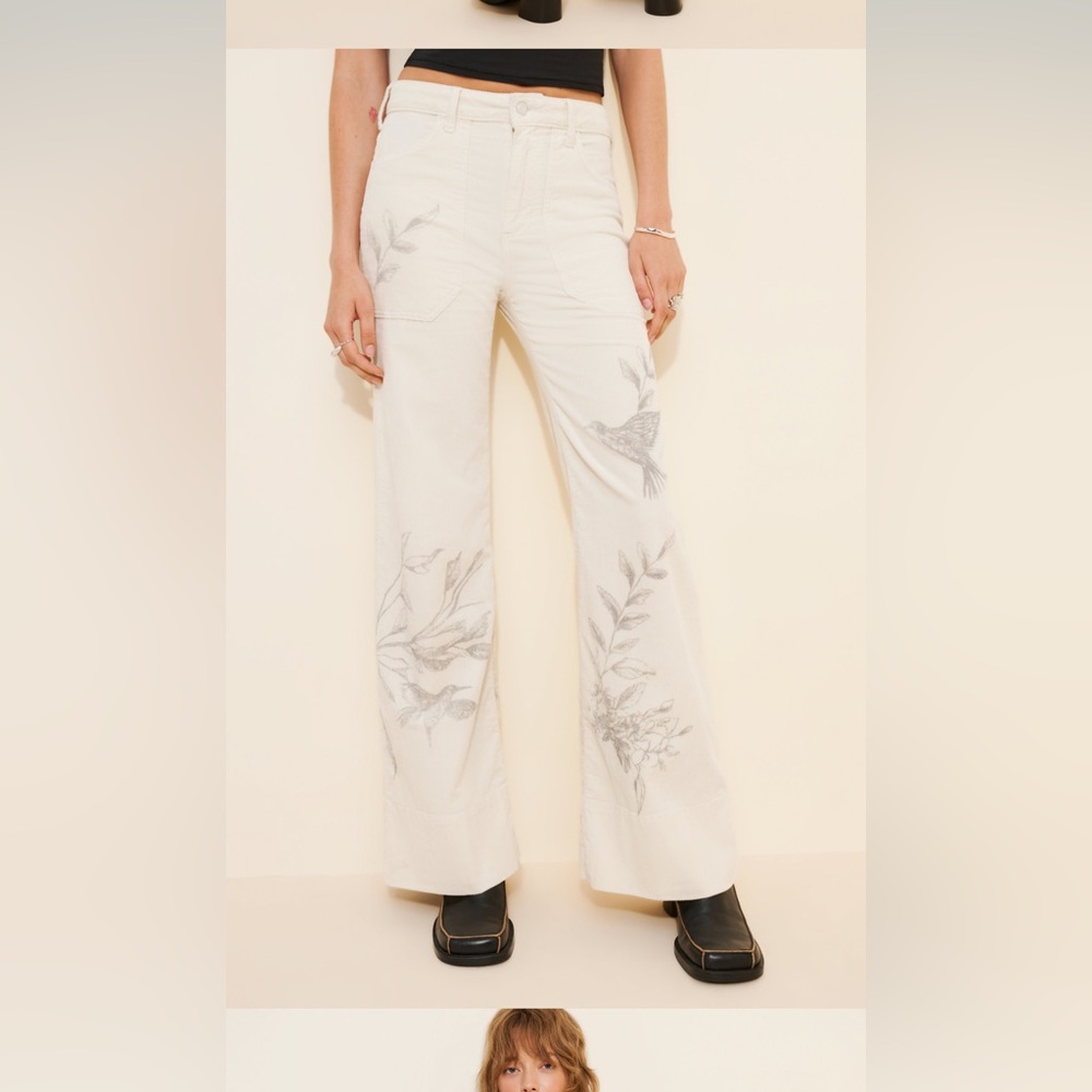 Anthropologie Cream Flare Jeans with Botanical & Bird Sketch - Picture 5 of 6